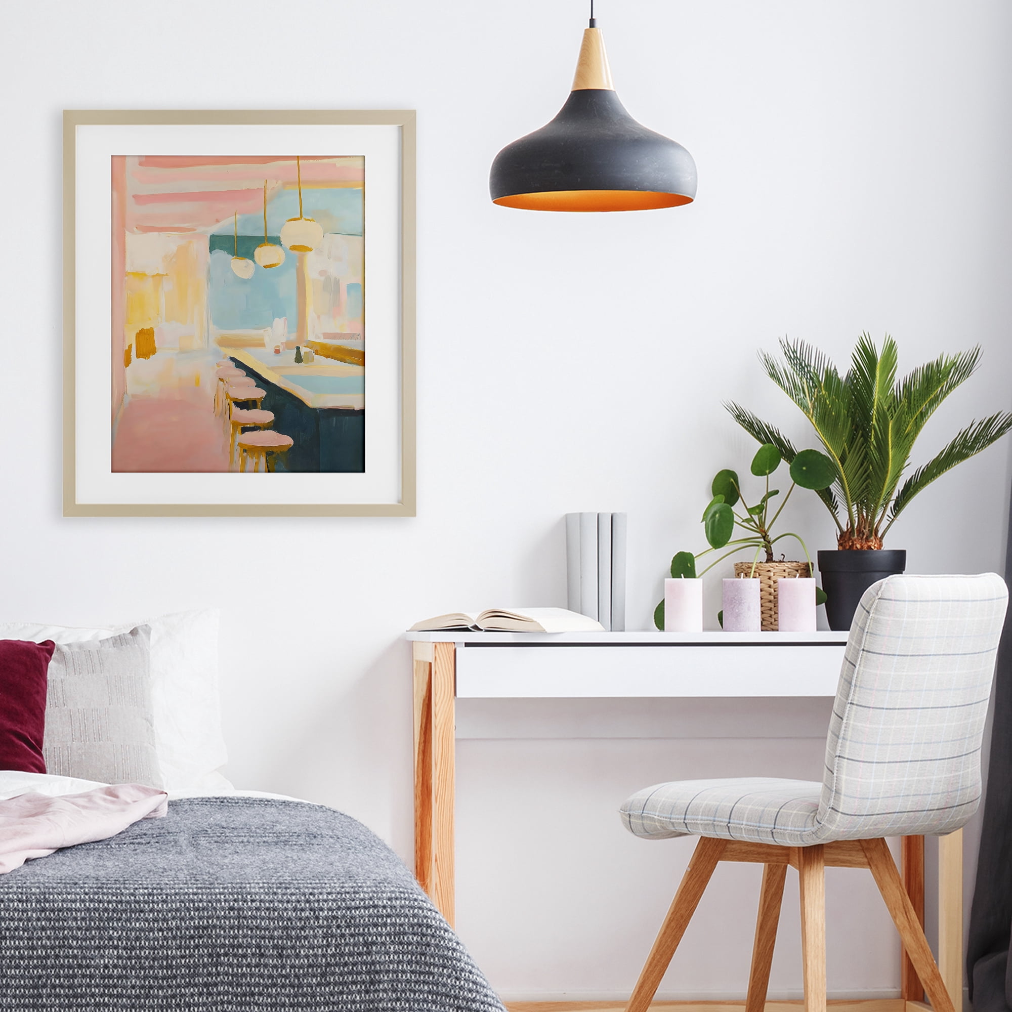 Stupell Industries Pastel Pink Bar Stools Birch Framed Print Under Glass, design by The Prints Vibe