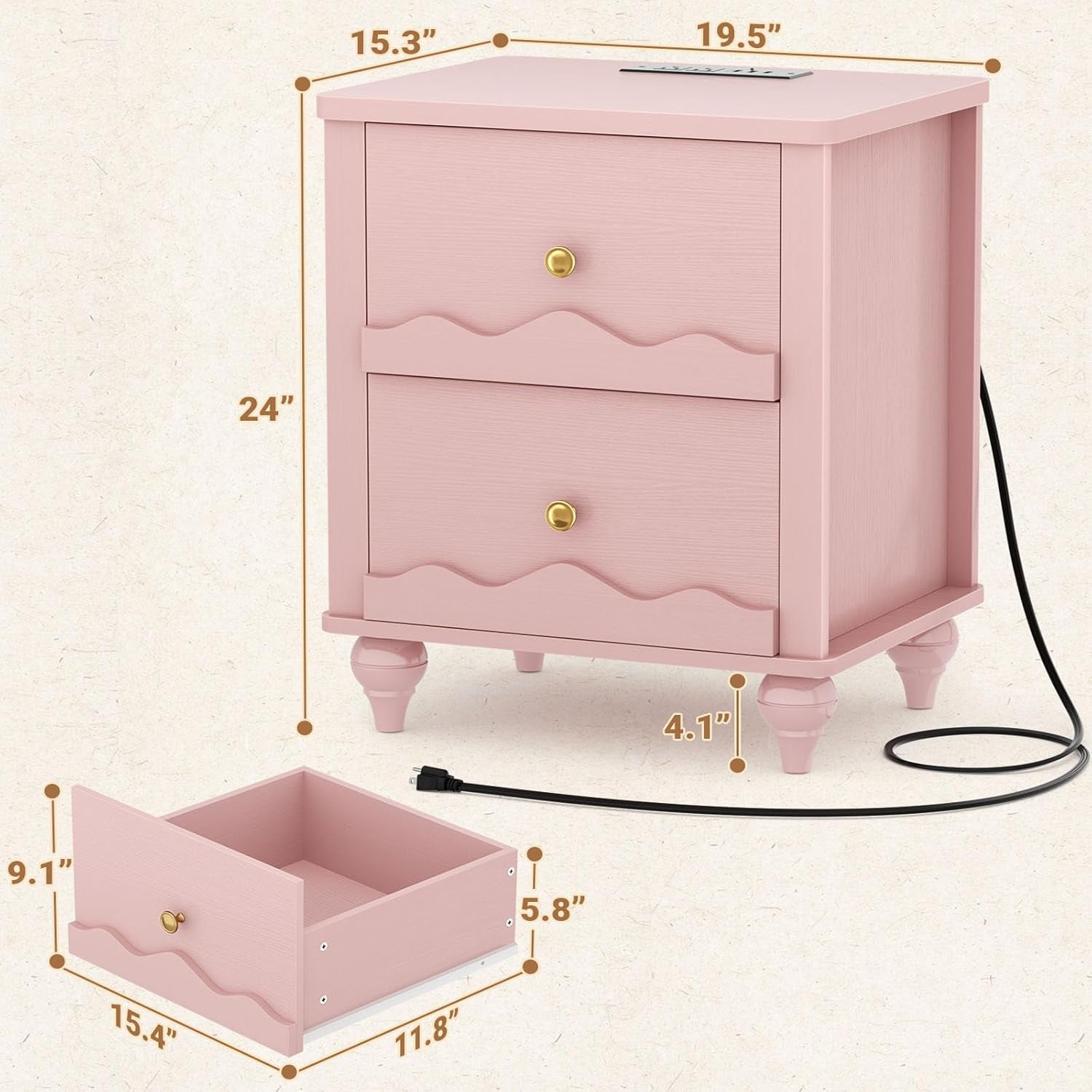 Homieasy 2 Drawer Nightstand with Power Outlet, Modern Wooden Nightstand with 2 Wave Pattern Drawers, Bedside Table for Bedroom, Living Room, Pink