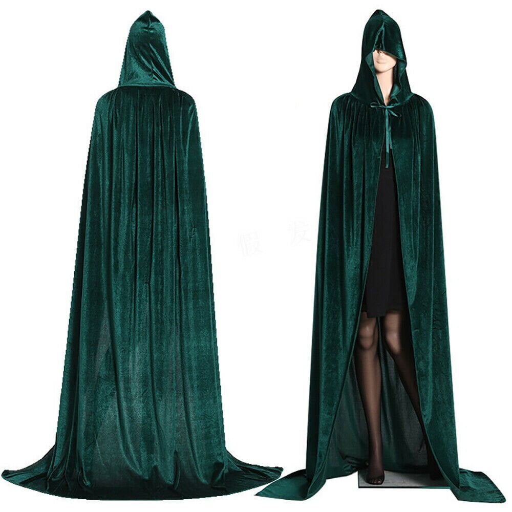 Unisex Hooded Halloween Cloak Long Cape Robe Velvet Fancy Dress Costumes for Adults Kids Cosplay M, Green Velvet