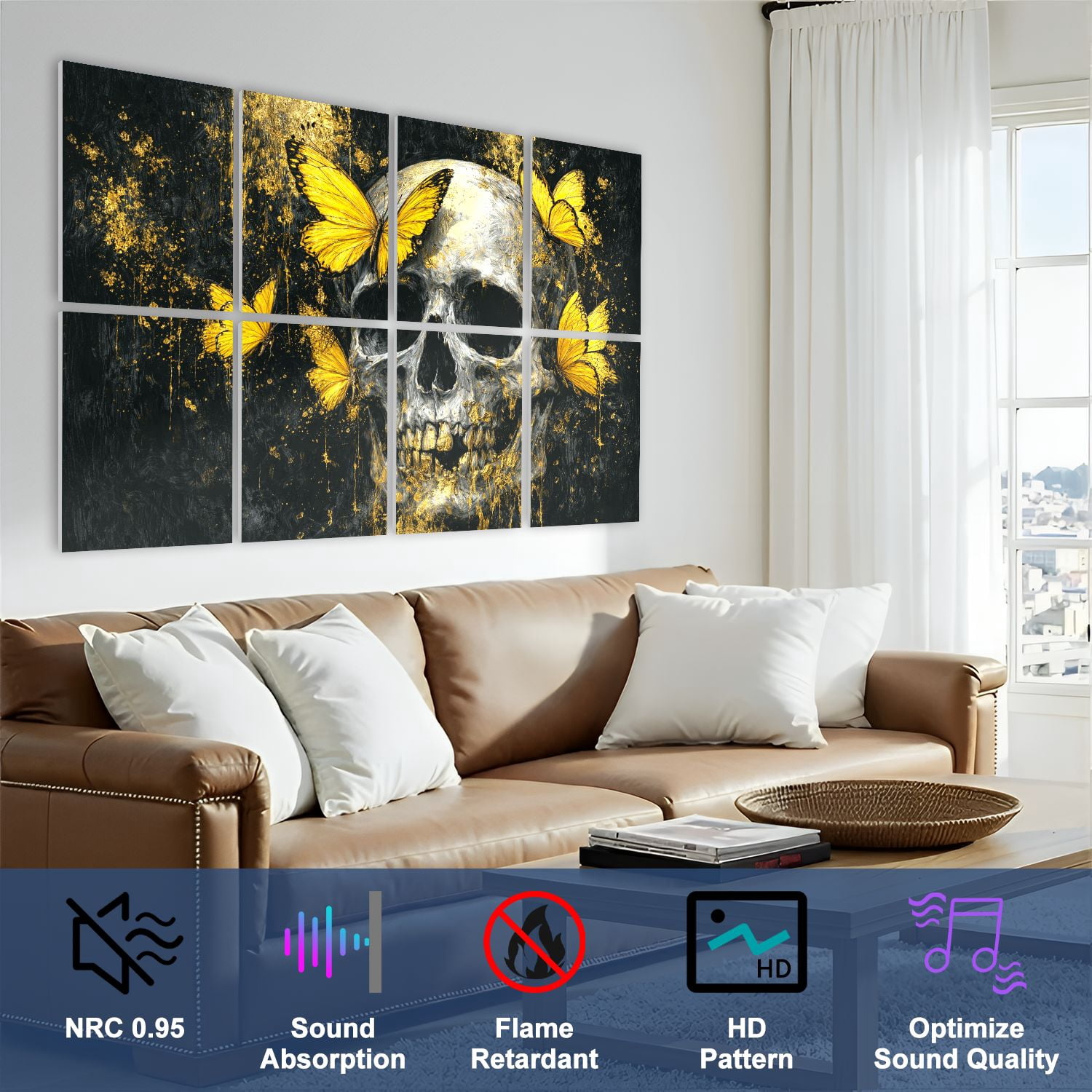 Gothic 8 Pack Art Acoustic Panels Sound Absorbing Skull Vibrant Yellow Butterflies Gold Accents Dark Decorative Soundproof Wall Panels Self Adhesive for Nursery Game Room Bedroom 48"x32"