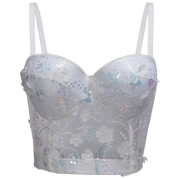 BUIGTTKLOP Corset Top for Women with Built in Bra Tank Tops Sleeveless Embroidered Spaghetti Strap Mesh Push up Bustier Bralettes
