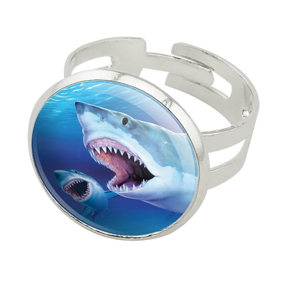 Great White Sharks Ocean Pair Scuba Diving Silver Plated Adjustable Novelty Ring