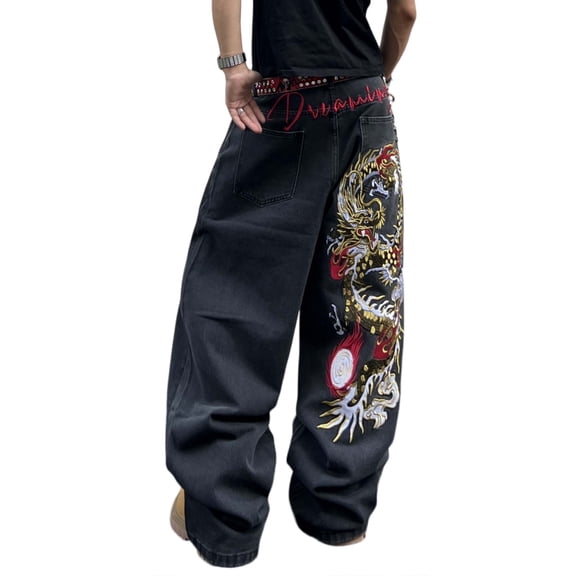Mrmall Mens Baggy Jeans Dragon Embroidered Wide-Leg Denim Pants Y2K Hip Hop Streetwear Loose Long Trousers