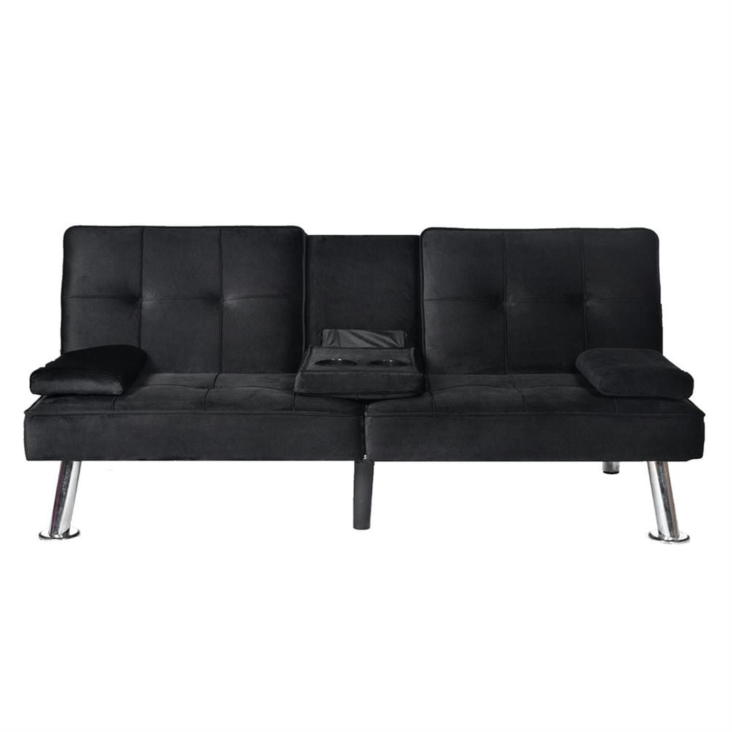 Demi Bonn Futon Sofa Bed, Velvet Futon Couch for Living Room, Recliner Sleeper Sofa with 2 Cup Holders, Removable Armrests, Metal Legs, Black