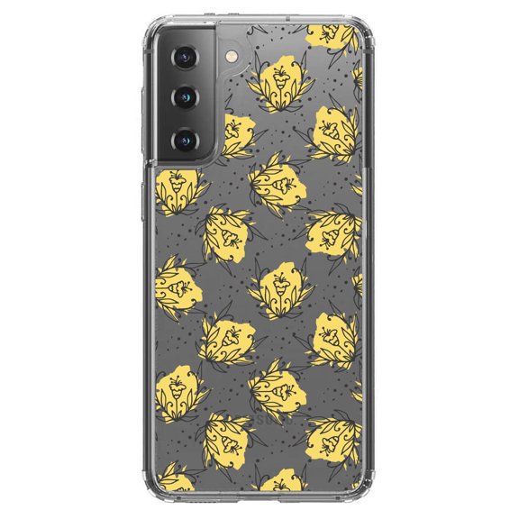 DistinctInk Clear Shockproof Hybrid Case for Galaxy S21 5G (6.2" Screen) - TPU Bumper Acrylic Back Tempered Glass Screen Protector - Wildflower Yellow Graffiti