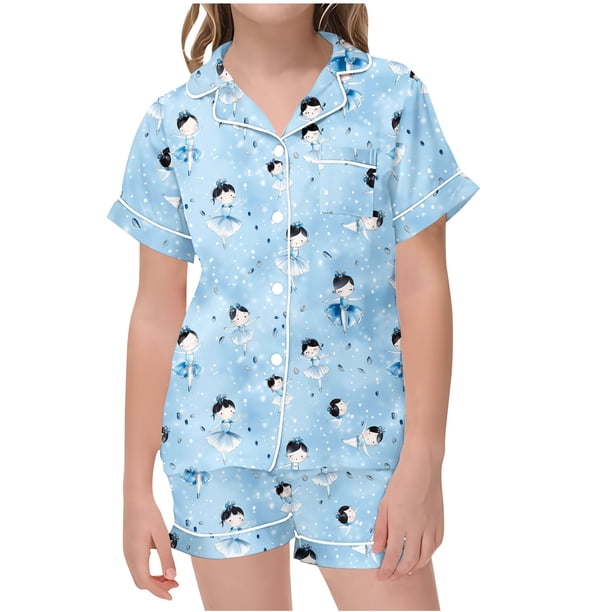 Odeerbi 2-12 Años Niños Niñas Pijama de Verano de Satén Con Solapa de Muesca Camisas de Manga Corta Pantalones Cortos Conjunto Suave Estampado Floral Ropa de Dormir