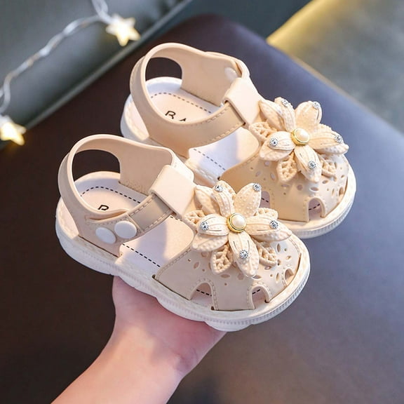 BLTIBY Baby Girls Sandals Summer Shoes Rubber Sole Infant Toddler Flower First Walkers Non-slip Outdoor Breathable Shoes Beige 12-15 Months