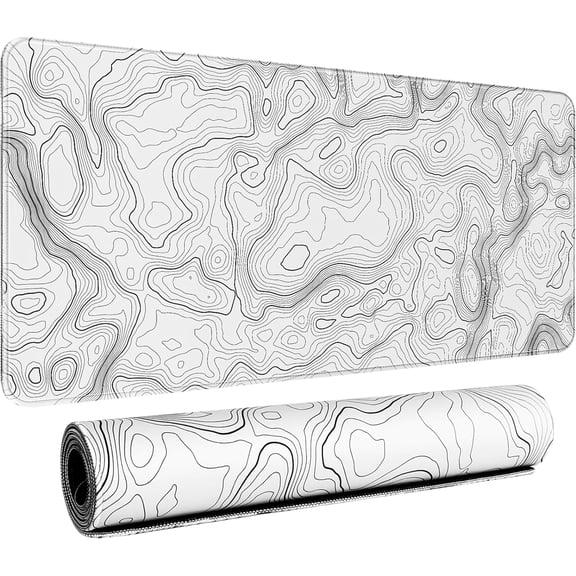 Topographic White Gaming Mouse Pad Black Desk Mat,Office Desk Pad,XXL Large Mouse Pad for Desk 35.4x15.7in Mousepad with Stitched Edges,Non-Slip Rubber Base,Waterproof Computer Keyboard Pad