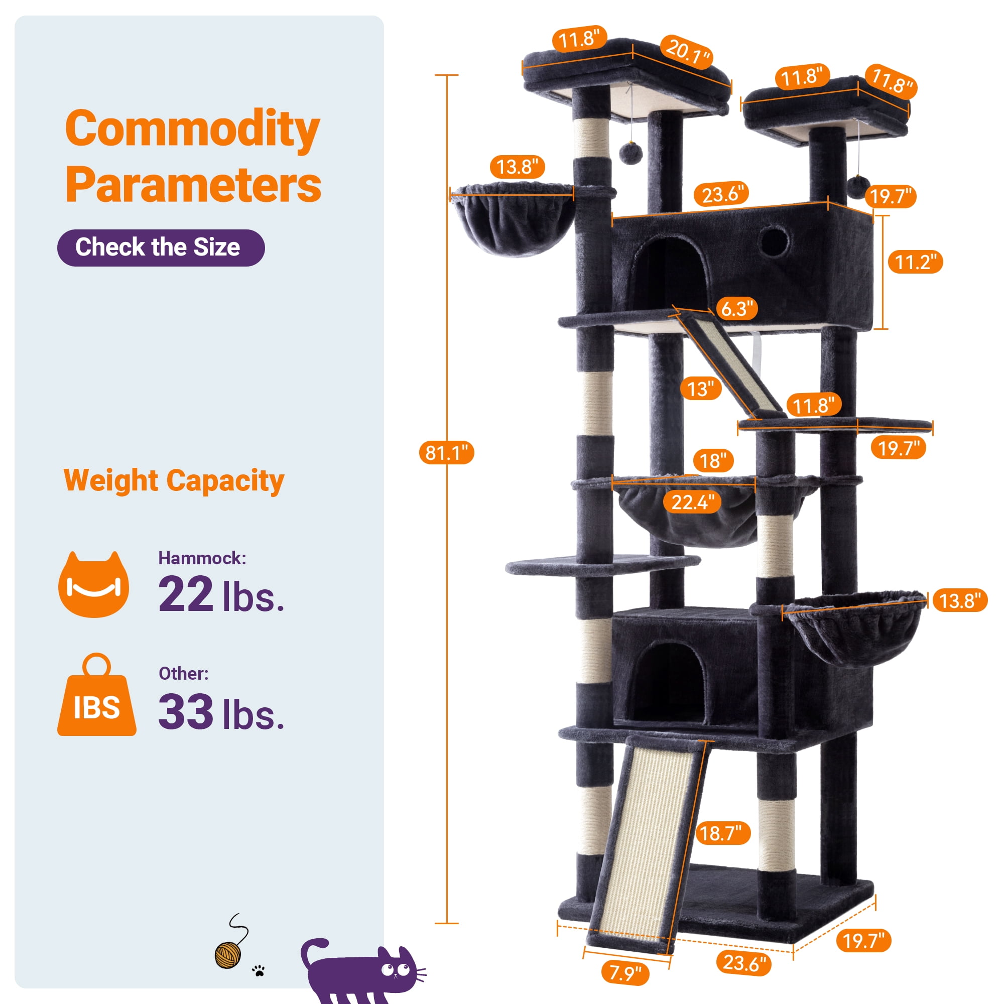 Allewie 81 Inches Multi-Level Tall Cat Tree for Large Cat, Cat Climbing Tree with Cat Condo and Hammock, Scratching Post, Wide Base, Blue