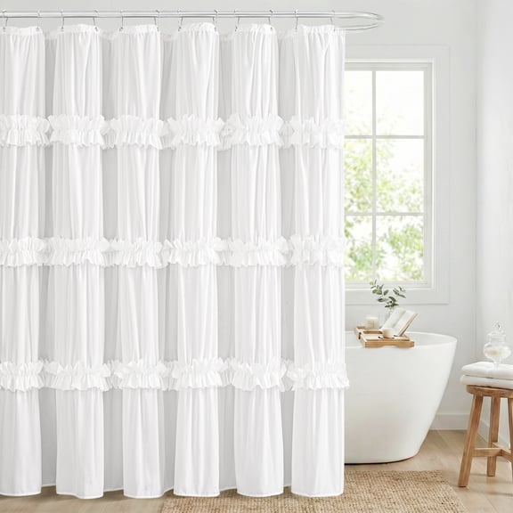 Seasonwood White Ruffle Shower Curtain,Tiered Fabric Bathroom Curtain for Farmhouse Decor,72 x 72 Inch