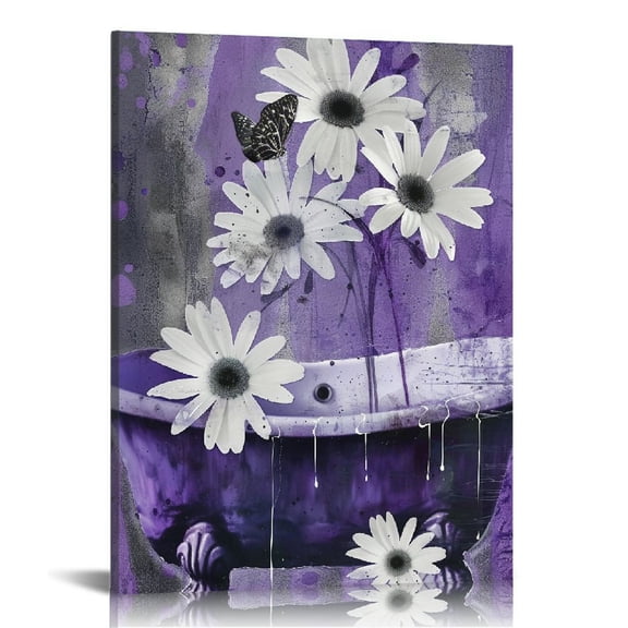 Fenyluxe Farmhouse Purple Floral Wall Art for Living Room Daisy Flower and Butterfly Canvas Wall Art Grey and White Abstract Framed Wall Art for Bedroom Bathroom Wall Decor