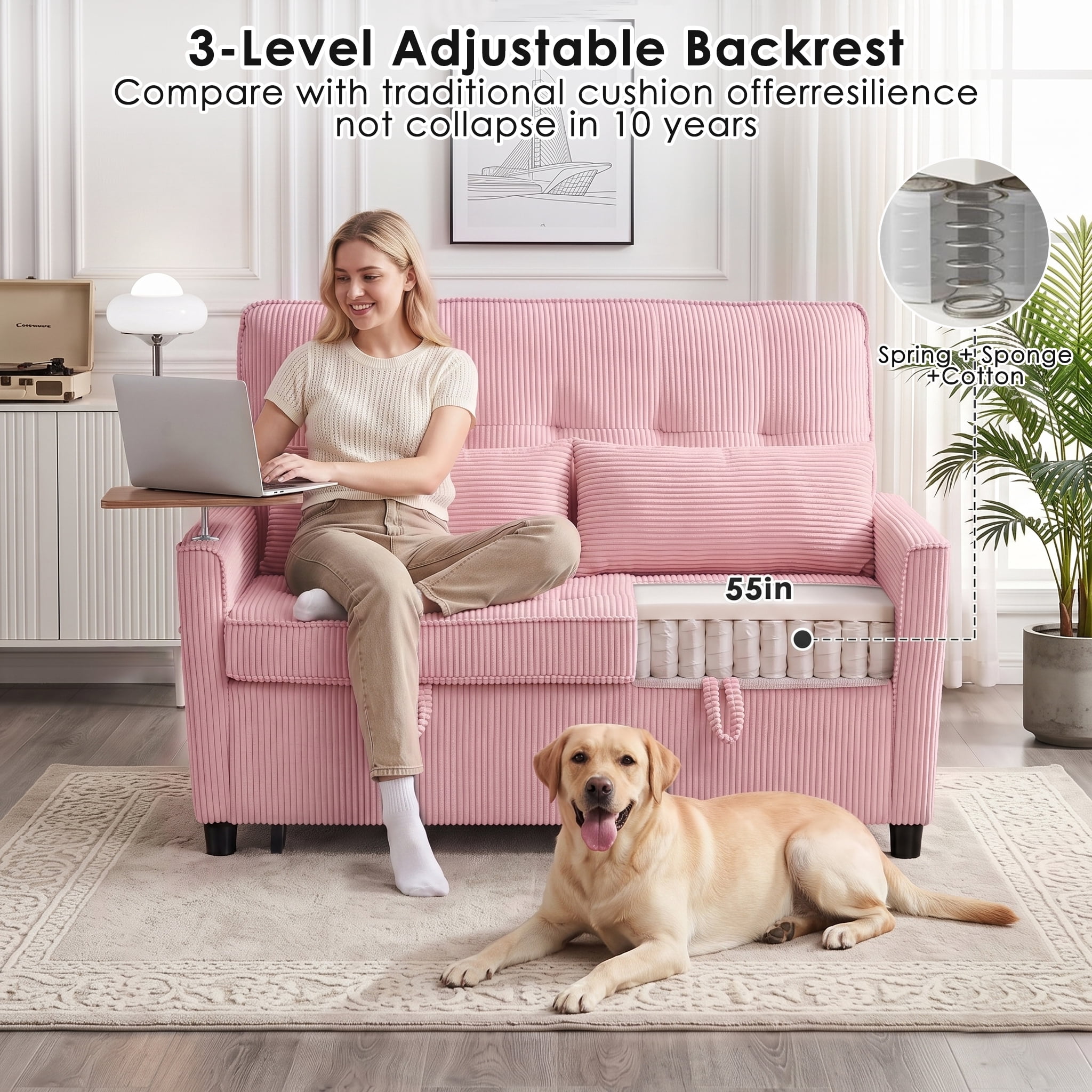 AISWORD 55" 3-in-1 Convertible Sleeper Sofa Bed, Pull Out Loveseat Couch with Side Tray Table & USB Charging Port, Adjustable Backrest Sofa for Apartment, Bedroom, Office, Pink