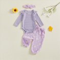 thumbnail image 2 of NOLDARES Baby Girl Clothes Newborn Infant Outfits Ruffle Ribbed Romper + Floral Pants + Headband Sets for Girls 3pcs,Light Purple,3-6 M, 2 of 5