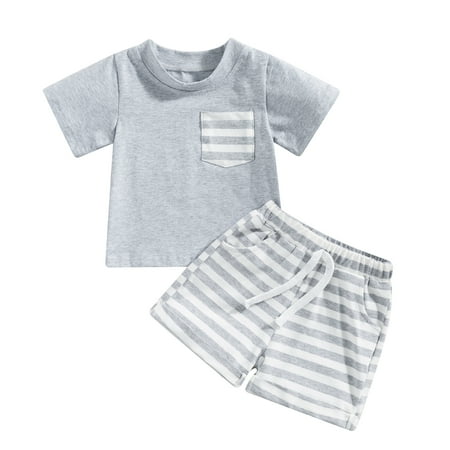 

Toddler Baby Boy Summer 6M 12M 18M 24M 3Y Block Color Short Sleeve T-Shirt Top Striped Jogger Shorts 2Pcs Infant Boy Outfits