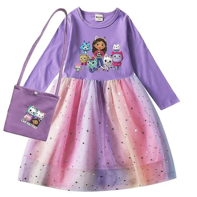 Gabby Cats Robe pour Bébé Fille Enfants Gabby Vêtements de Maison de Poupée Carnaval Cosplay Costume Enfants Robe Décontractée à Manches Longues avec Sac