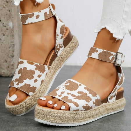 

XIAQUJ Fashion Women Summer Cow Print Weave Wedges Breathable Buckle Strap Toe Sandals Comfortable Beach Shoes Sandals for Women Khaki 6.5(37)