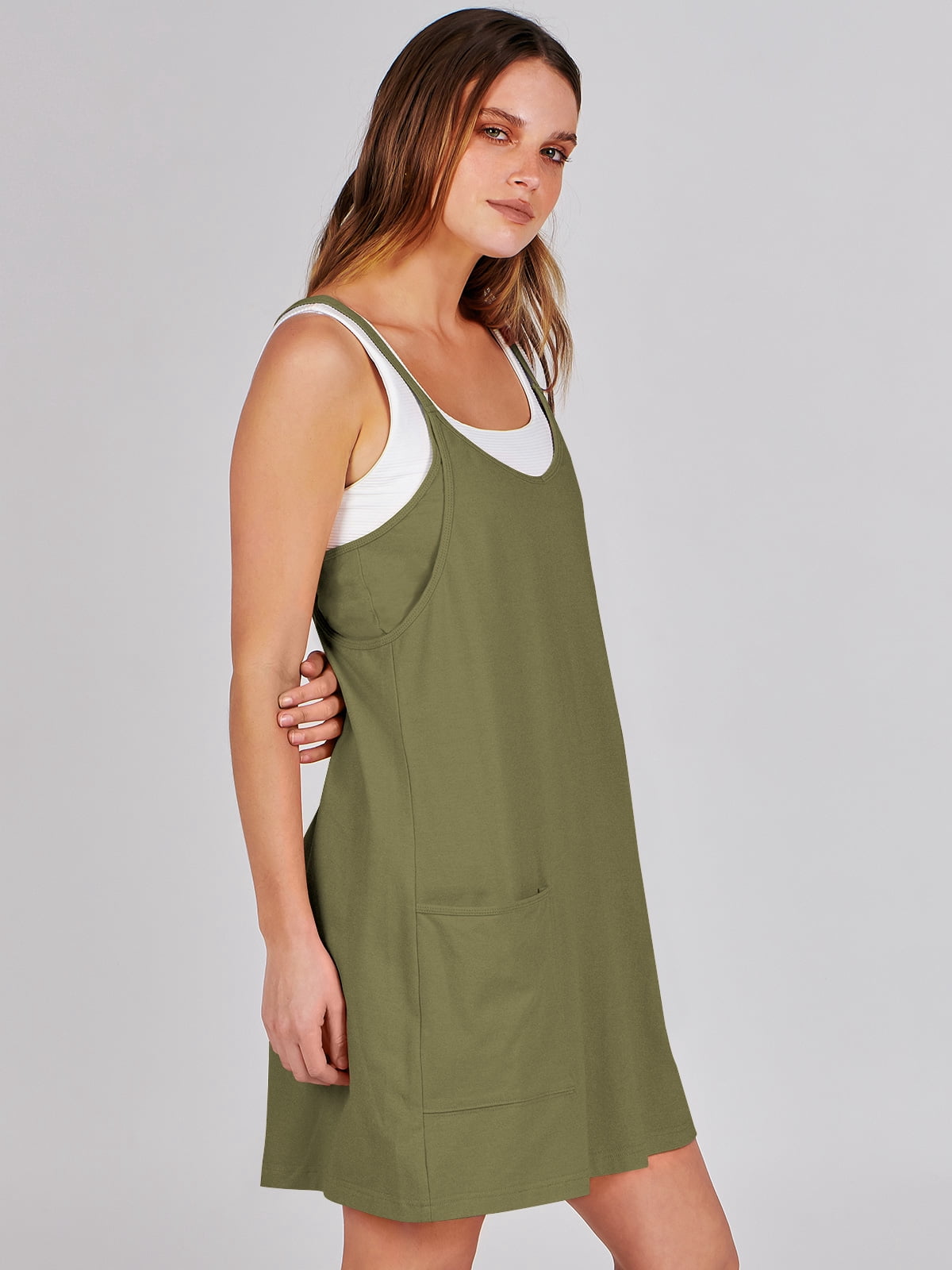 ANRABESS Athletic Dress for Women Tennis Dress with Shorts Summer Active Workout Romper Dress Sleeveless Spaghetti Strap Mini Dress Casual Sundress Vacation Outfits Army Green L