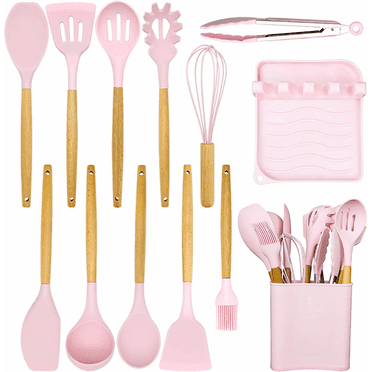 Cooking Utensils Set, Caliamary 13 PCS Silicone Kitchen Utensils Set with Holder Spoons Spatulas Tongs Whisk for Cooking, Non-Stick Heat Resistan Kitchen Tools and Gadgets with Wooden Handle