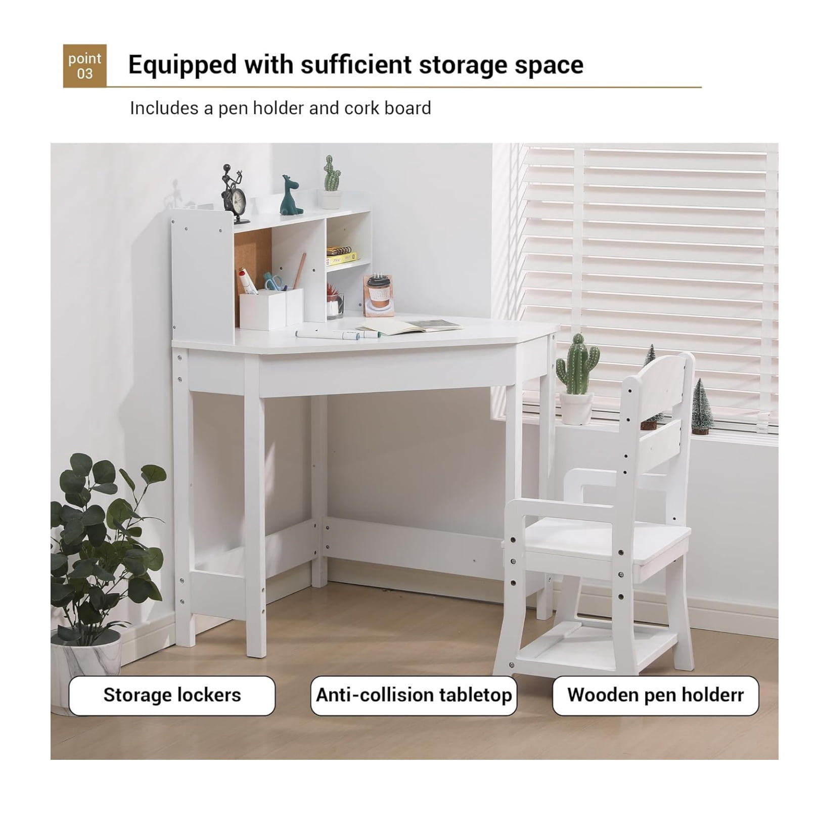 Kids Study Desk and Chair Set, White Corner Table with Adjustable Chair, Hutch, Cork Bulletic Board, Pen Holders, Small Art Table Homework Table Set for Children for Home School