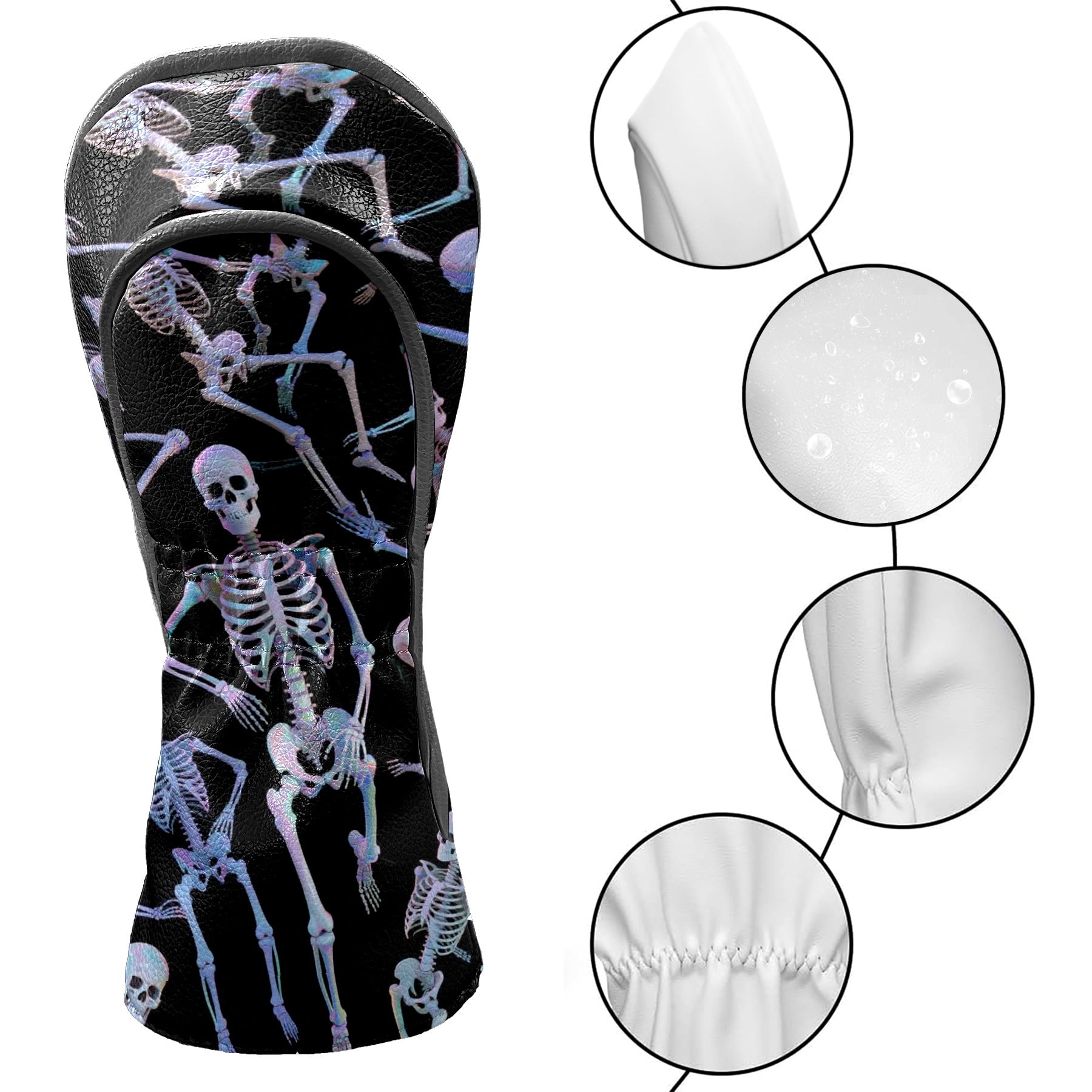 Golf Club Covers, Black Skeleton Premium PU Leather Driver Hybrid Putter Head Covers with Velvet Lining, Waterproof Golf Gifts for Men Women