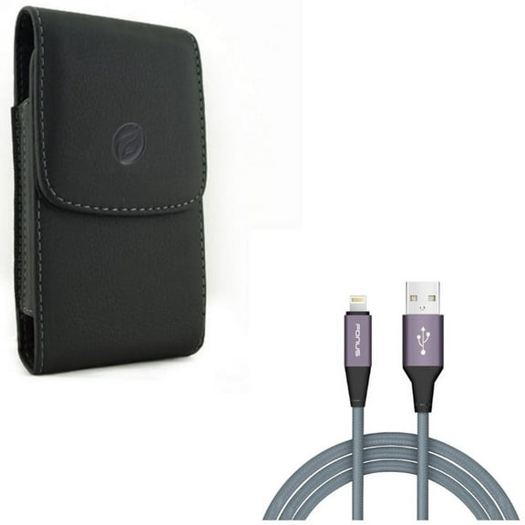 Charger Cord 10ft USB Cable w Leather Case Belt Clip for iPhone XS Max/8 PLUS/7 Plus/6S Plus/6 Plus - Power Wire Braided Long Sync and Holster Cover Pouch Vertical Carry