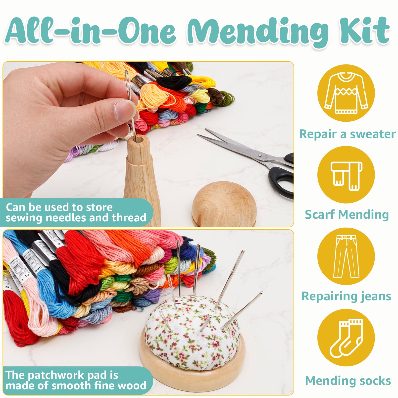 Grusce 14 Hooks Mini Darning Mushroom, Knit Patch DIY Loom, Weaving Repair Tool, 14 Pcs Large Eye Needle 50 Color Thread Weaving Frame for Handcraft, Darning Patch Kit for Mending Jean Socks