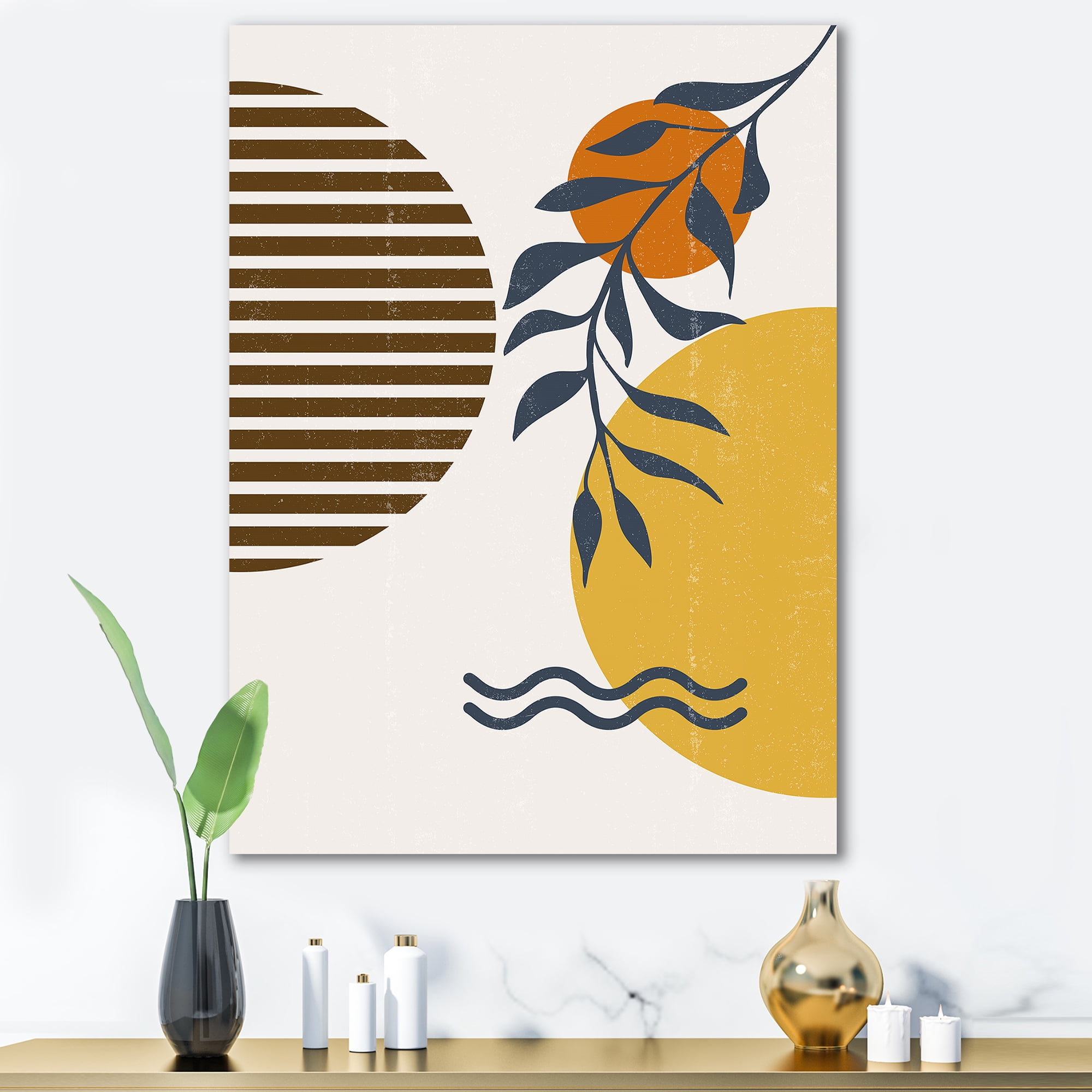 Designart ' Abstract Shapes With Botanical Minimalist Leaf I ' Modern Canvas Wall Art Print