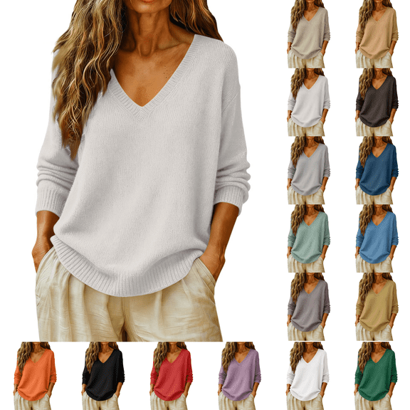 Basic Sweaters Women Fall Long Sleeve V Neck Tops Casual Lightweight Knit Warm Pullover Sweater Beige S