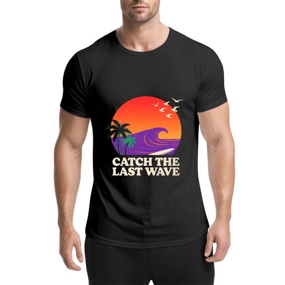 Black T Shirts for Men, Sun,Palm Tree,Wave,Catch The Last Wave,Graphic Mens Graphic Tees, 25060399,S