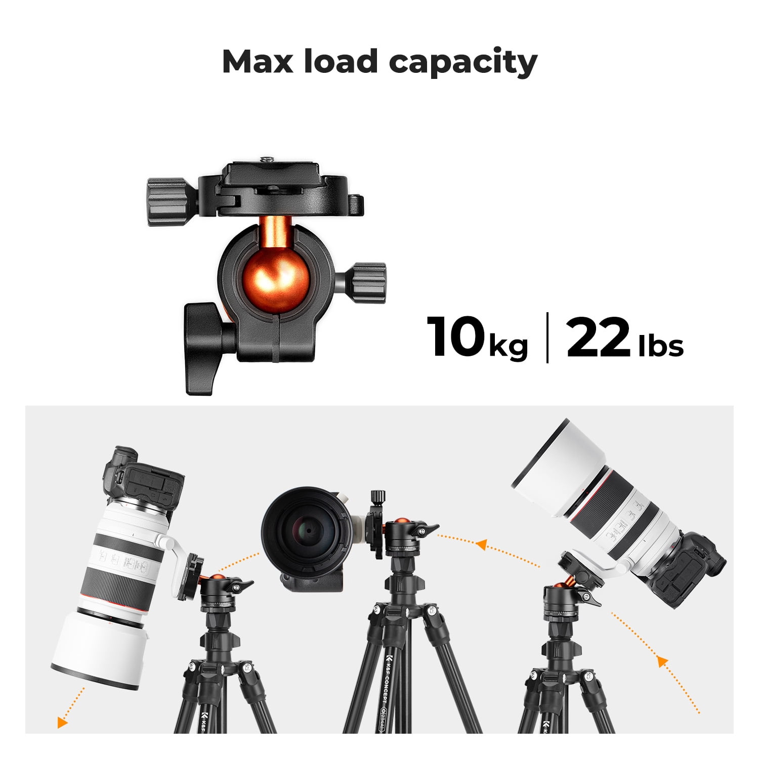 K&F Concept 63.8"/1.63m Aluminum Camera Tripod for DLSR Camera,22lbs/10kg Load Travel Tripod with Bag, 360 Degree Ball Head, Mobile Phone Clip