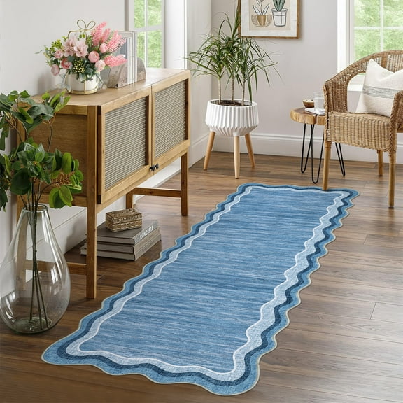 Hasoo Indoor Scalloped Area Rug for Hallway 2' x 6' Washable Modern Runner Mat with Non-Slip Backing, Blue