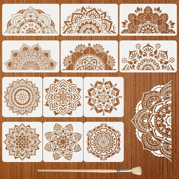 Paquete de 12 plantillas grandes de mandalas para pintar sobre madera, de 18x10 pulgadas y 12x12 pulgadas, plantillas de damasco.
