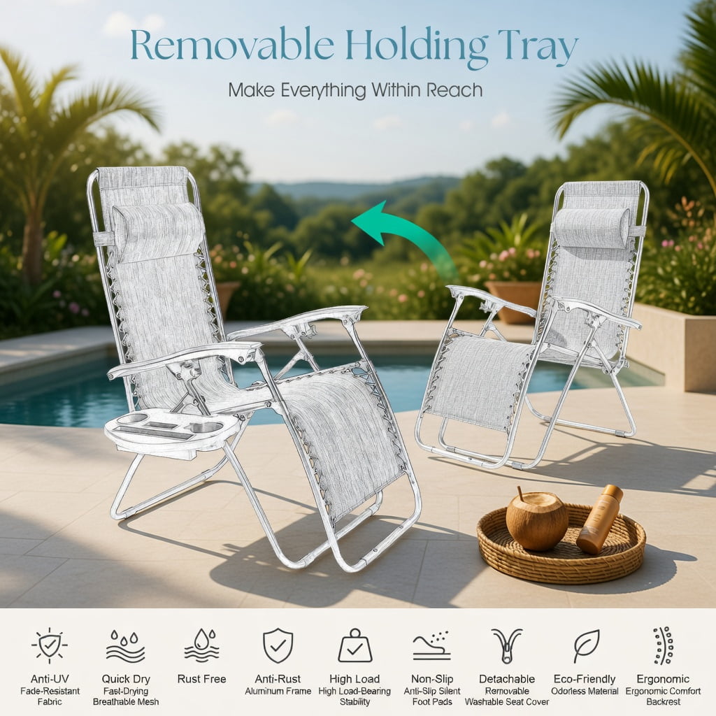 Hommoo 2-Pack Zero Gravity Folding Recliner Lounge Chairs with Adjustable Headrest, Removable Tray & Breathable Waterproof Fabric, Black