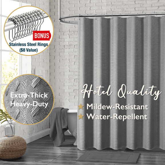 ComfiTime Fabric Shower Curtain with Hooks – 230 GSM Heavy-Duty Weighted-Hem Hotel Luxury Cloth Bathroom Curtain, Water-Repellent, Mold/Mildew-Resistant, Machine-Washable, 72 x 72, Embossed, Grey