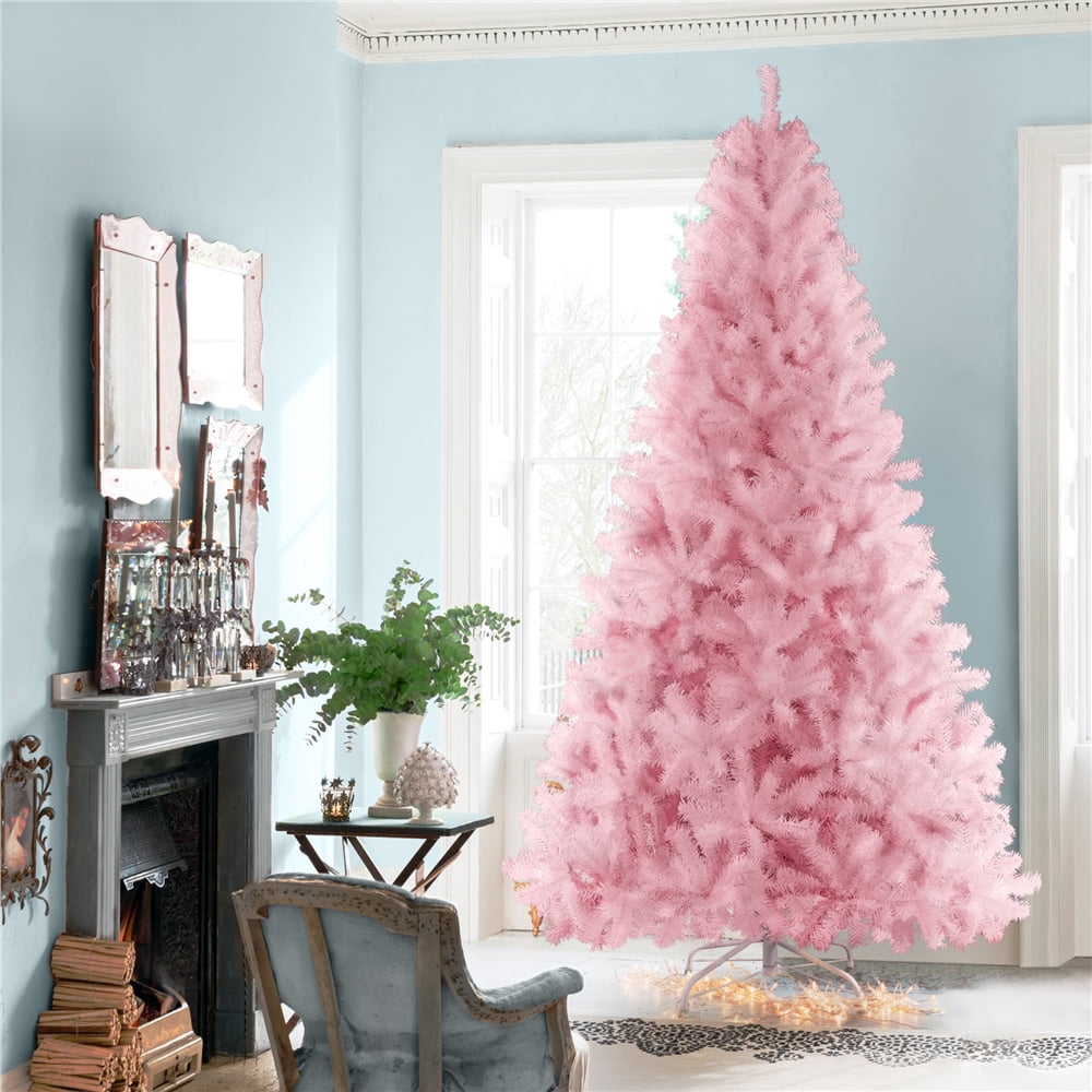 Easyfashion Pink Hinged Spruce Artificial Holiday Decorative Christmas Tree, with Foldable Stand 7.5'