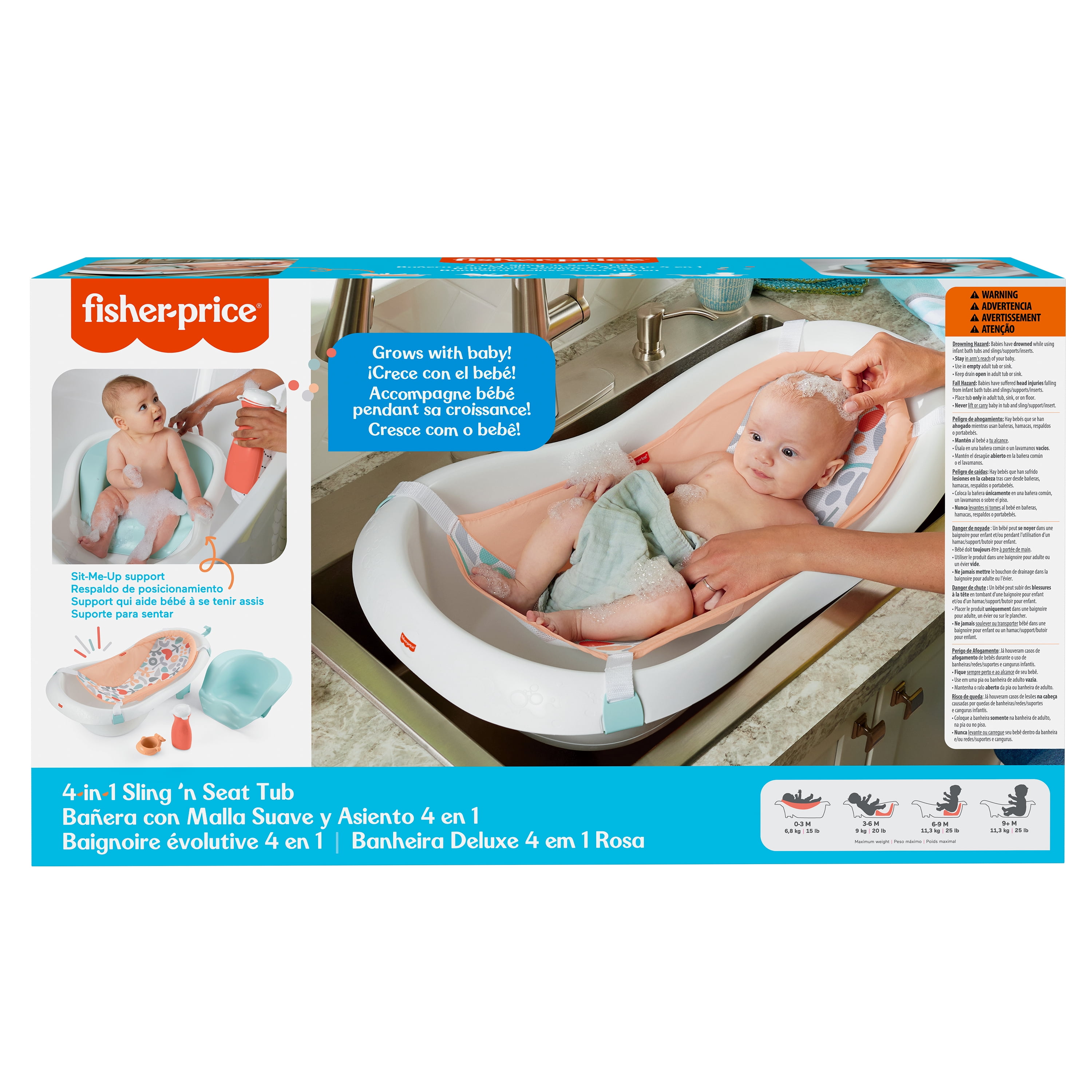 Fisher-Price Baby to Toddler Bath 4-in-1 Sling ‘n Seat Tub with Removable Infant Support and 2 Toys, Summer Blossoms