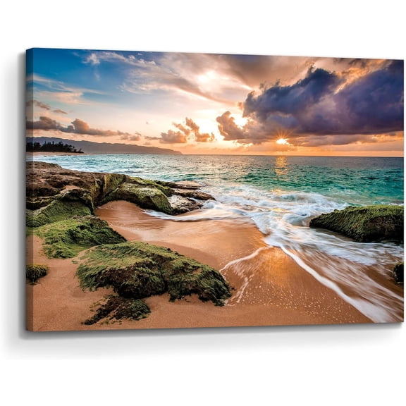 Coastal Beach Sunrise Canvas Wall Art, Ocean View Sand Dune Seascape Painting, Framed & Ready to Hang Decor for Bathroom Bedroom Living Room