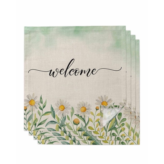 Flower Floral Cloth Napkins Set of 4 Reusable Dinner Napkins, White Daisies Wildflower Vintage Plant Cocktail Napkin Washable Table Napkins for Wedding/Holiday Party/Baby Shower 20"x20"