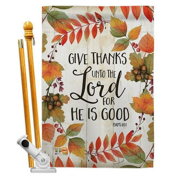 Breeze Decor BD-TG-HS-113069-IP-BO-D-US18-SB 28 x 40 in. Give Thanks Unto the Lord Fall Thanksgiving Impressions Decorative Vertical Double Sided House Flag Set with Pole Bracket Hardware
