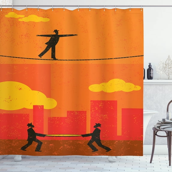 Circus Shower Curtain, Retro Businessman Walking on Tightrope in Balance and Two Men Holding Safety Net, Fabric Bathroom Set with Hooks, 69W X 75L Inches Long, Multicolor, by Ambesonne