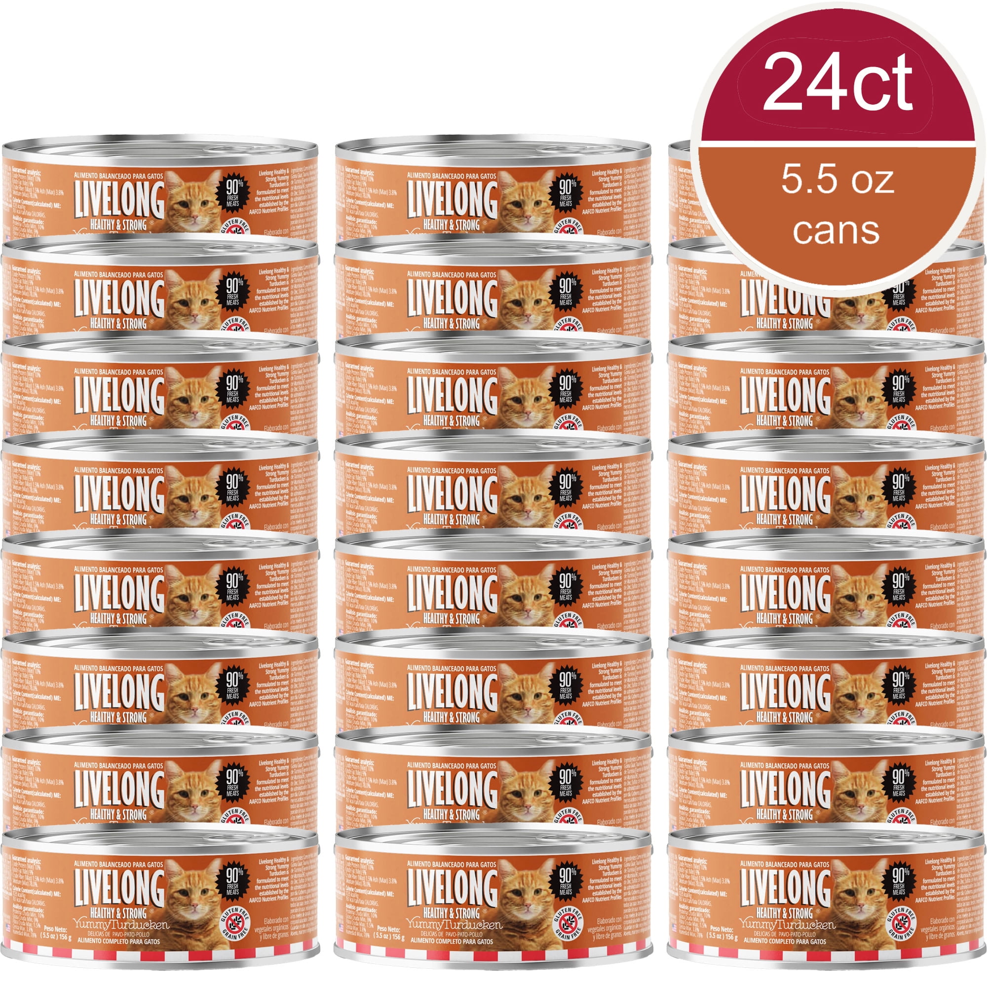 Livelong Healthy & Strong: 24 Pack: Yummy Turducken - 5.5oz Cans, Wet Cat Food, High-Quality Meat, High Protein, Natural, No Preservatives,