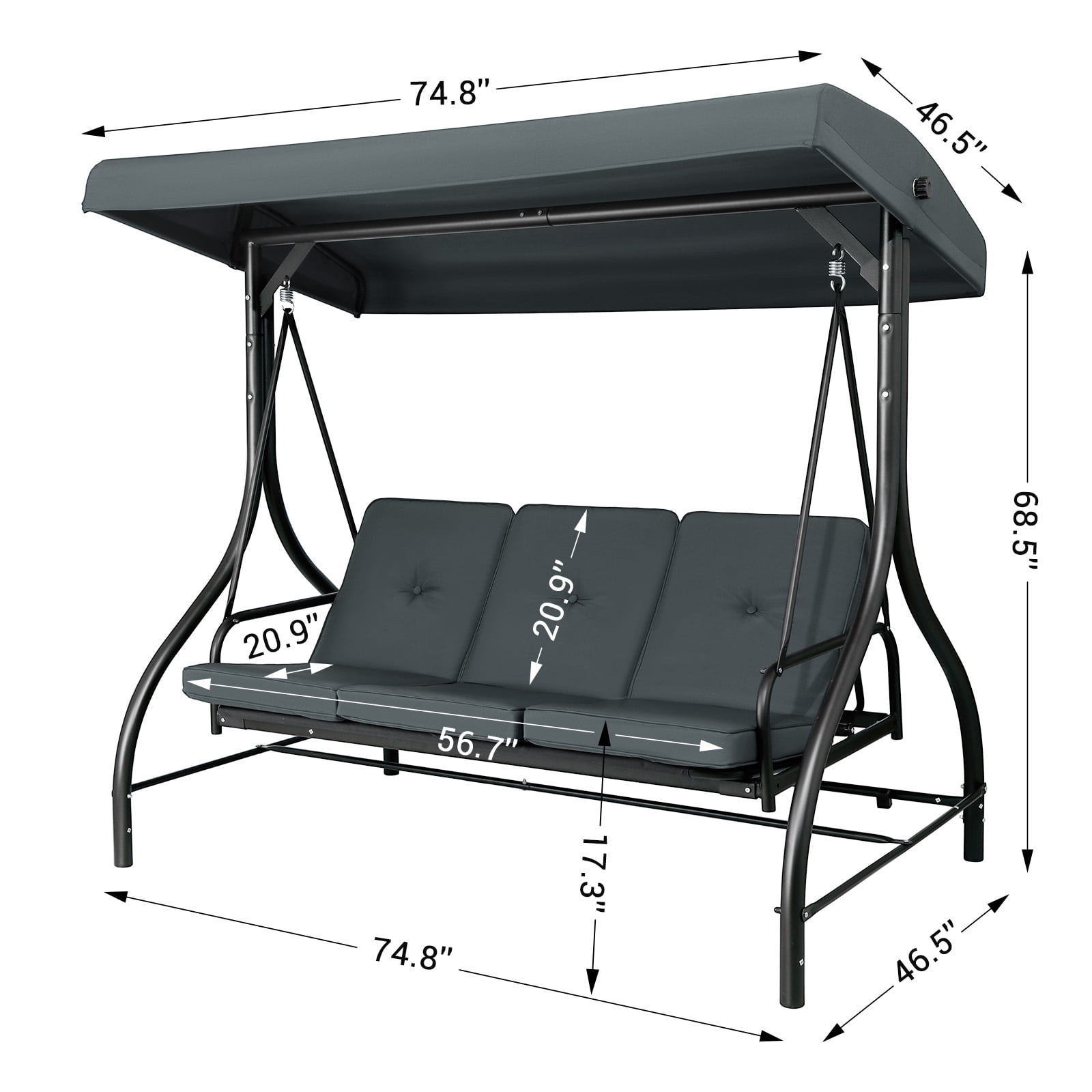 Arlopu 3-Seat Porch Swing, Outdoor Patio Swing Chair with Adjustable Canopy & Removable Cushions, Swing Glider for Garden Poolside Backyard, Gray