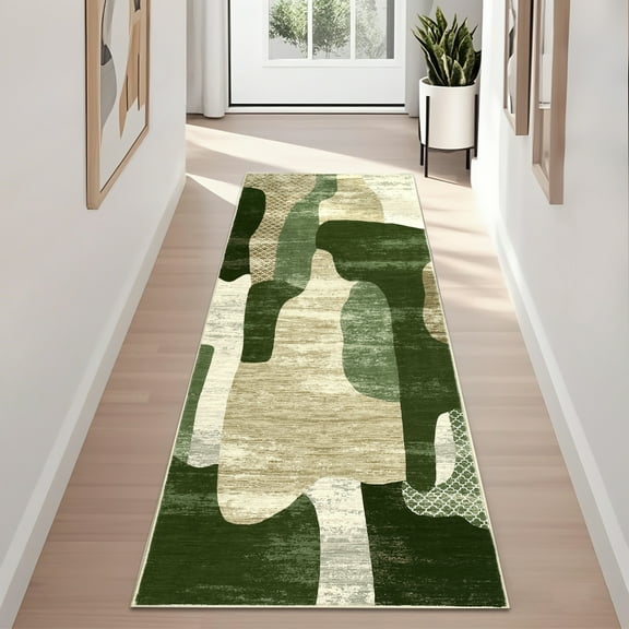 FairOnly Green Abstract Low Pile Machine Washable 2'x6' Runner Rug Modern Color Block Non Slip Rugs for Beroom Kitchen Bathroom