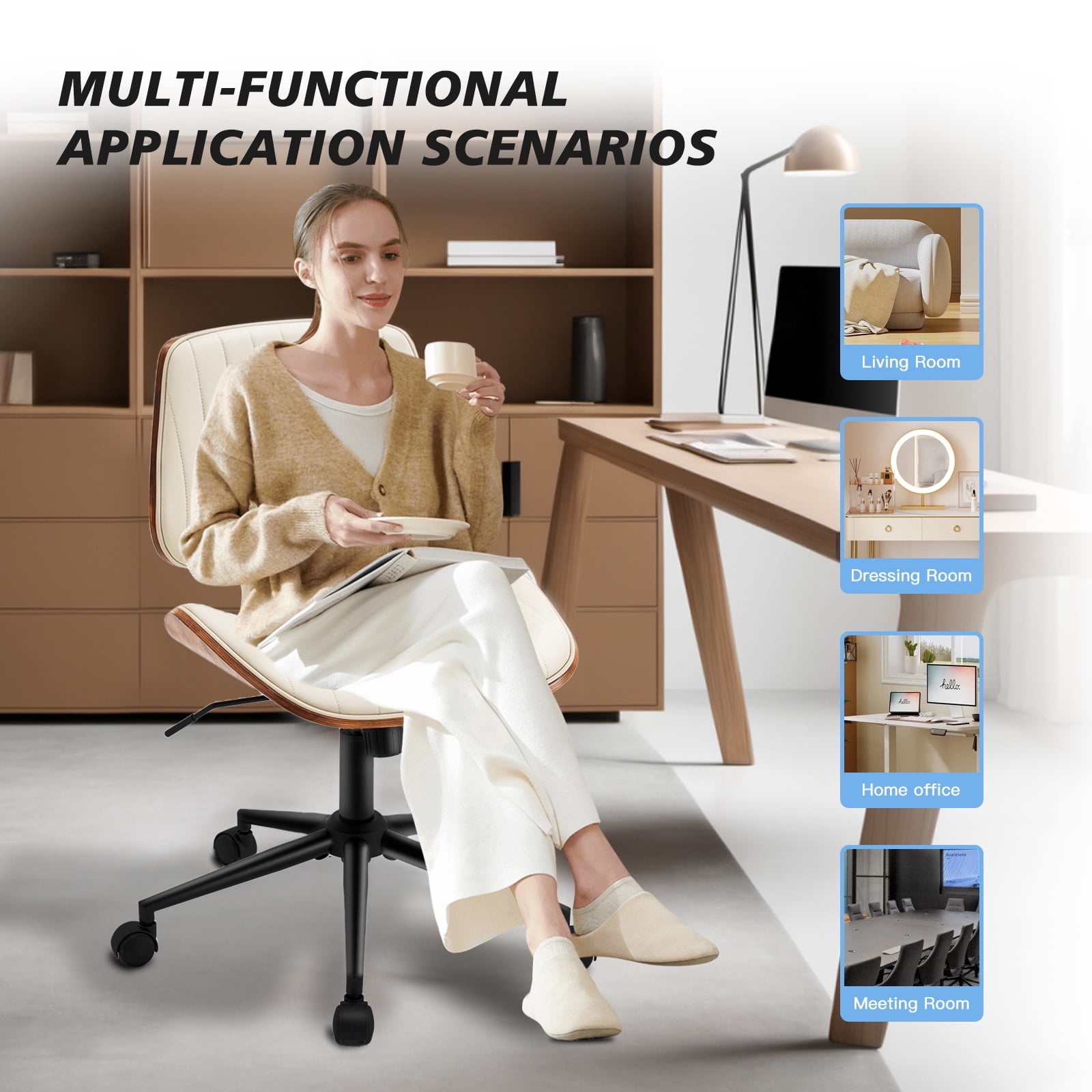 Rongbuk Home Office Chair, PU Leather Comfy Office Desk Chair with Wheels, Adjustable 360° Swivel Ergonomic Computer Chair, Armless Modern Vanity Chair Walnut Chair for Home Office, Beige