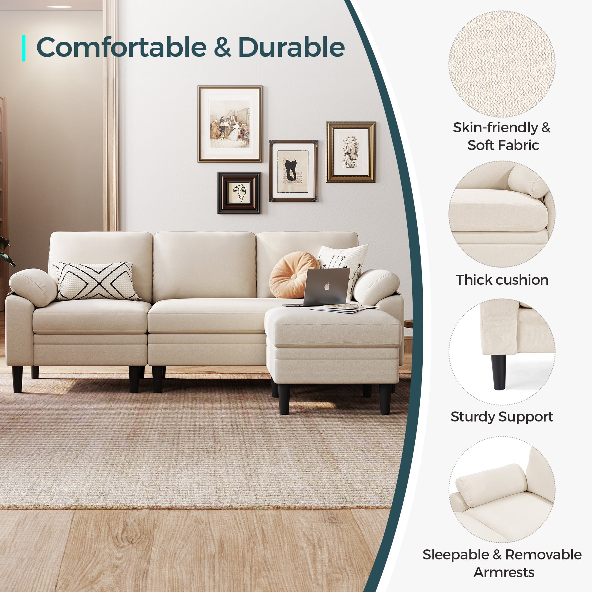 LINSY HOME 82" Reversible Sectional Sofa Couch, 3 Seater L -Shaped Sofa with Movable Ottoman for Living Room, Beige