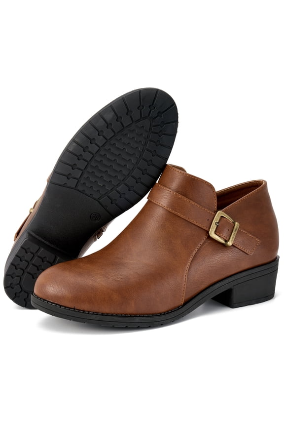 Women's Chunky Low Heel Ankle Boots Round Toe Leather Western Short Booties with Side Zipper