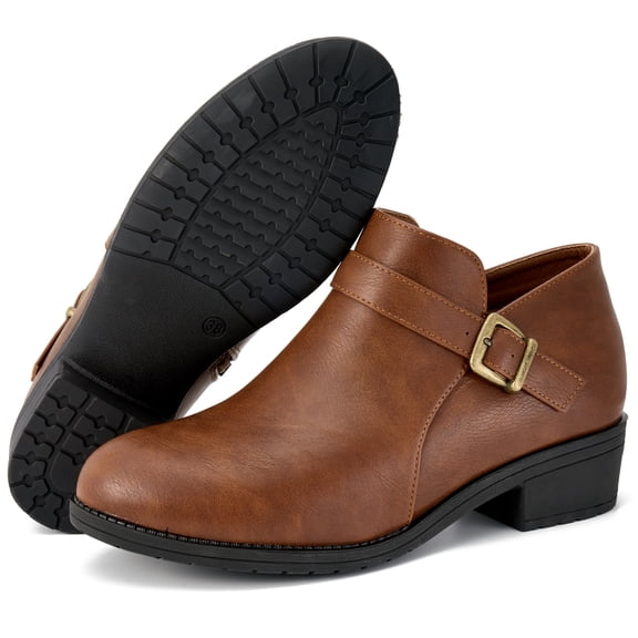 Ecetana Women's Chunky Low Heel Ankle Boots Round Toe Leather Western Short Booties with Side Zipper