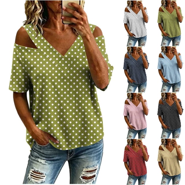 Neewe Women's 2026 Spring Summer Polk Dot V Neck Short Sleeve Pullover Blouse Off Shoulder T-Shirts