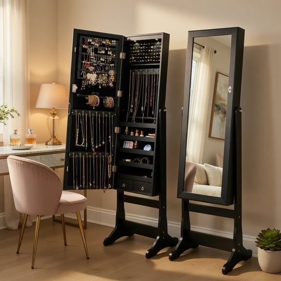 Topcobe Lockable Freestanding Jewelry Cabinet Armoire with Full-Length Mirror and Lights, Modern Furniture for Indoor-Black
