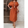 thumbnail image 4 of Rust Brown Plus Size Summer Dress With Short Sleeves, Waist Tie, And Side Slit, 4 of 6